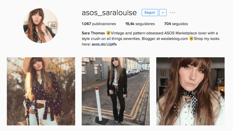 Screenshot del perfil de @asos_saralouise. El perfil muestra tres fotos publicadas de la influencer.