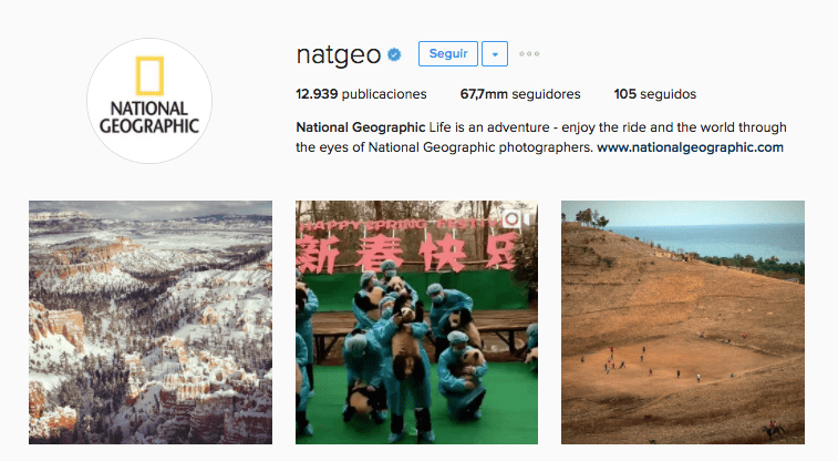 Screenshot de instagram de @Natgeo. La cuenta tiene de foto de perfil el logo de natgeo y se logra ver las tres últimas publicaciones.
