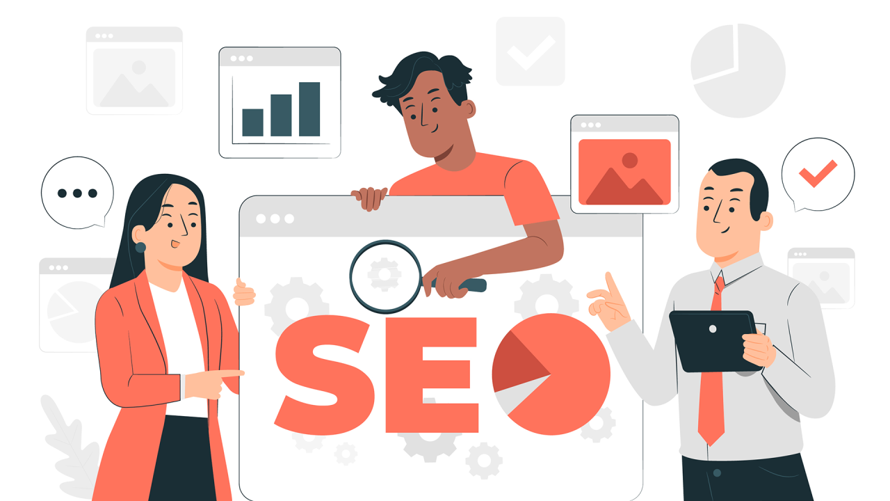 representación animada de un equipo de marketing trabajando en estrategias seo