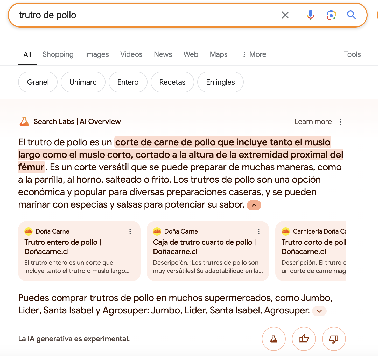 Vista previa de Search Lab de Google. Se puede ver que la búsqueda "Trutros de pollo" arroja contenido relacionado con Doña Carne.